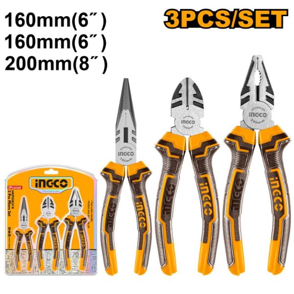INGCO 3-Piece Plier Set: Long Nose, Combination, Linesman Pliers - Durable Hand Tools Kit HKPS08318