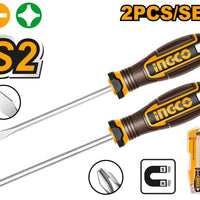 INGCO Screwdriver Set 2PCS S2 Steel: Flat & Phillips Head, Magnetic Tips