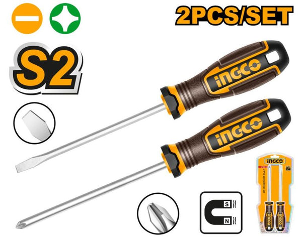 INGCO Screwdriver Set 2PCS S2 Steel: Flat & Phillips Head, Magnetic Tips