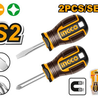INGCO Stubby Screwdriver Set (2pcs) HKSDS2228: Flat & Phillips Head. Compact, Magnetic Screwdrivers for Tight Spaces. Durable S2 Steel