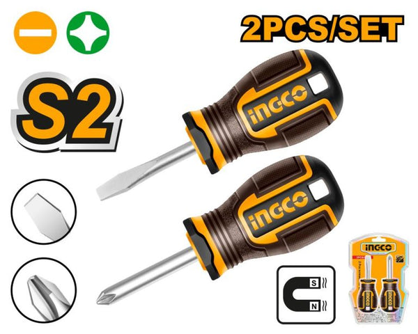 INGCO Stubby Screwdriver Set (2pcs) HKSDS2228: Flat & Phillips Head. Compact, Magnetic Screwdrivers for Tight Spaces. Durable S2 Steel