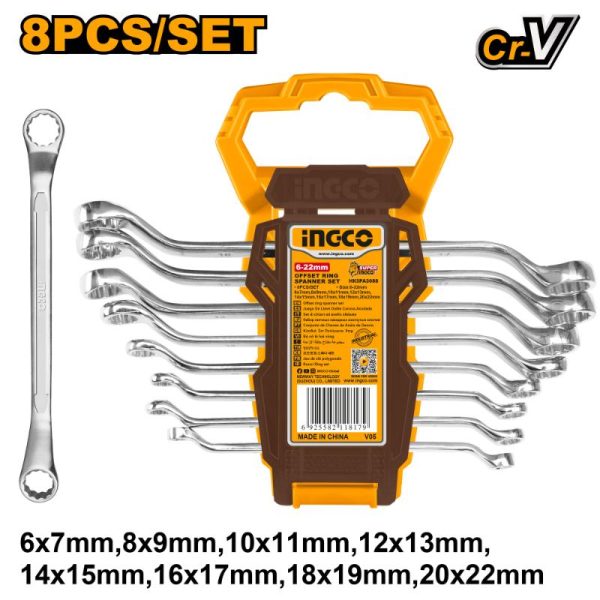 INGCO Offset Ring Spanner Set 6-22mm (8pcs) - Durable Cr-V Steel Ring Spanner Wrenches for Mechanics & DIY Projects