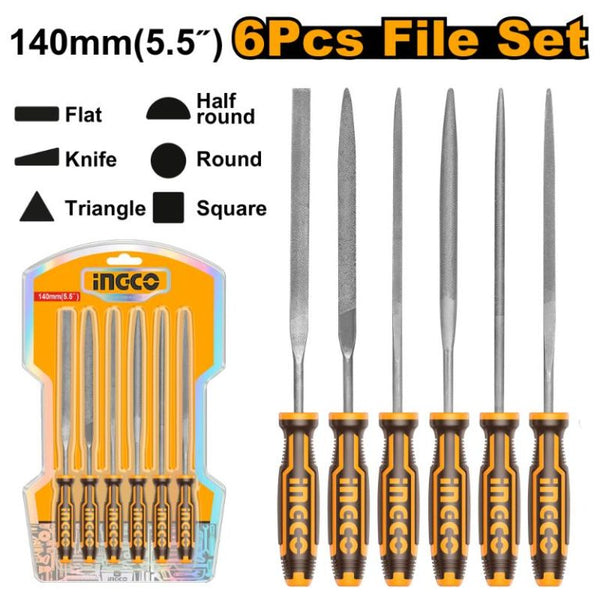 INGCO File Set Steel 140MM 6PCS - High-Quality Needle Files for Metalworking & Woodworking. Available at chavda.com!