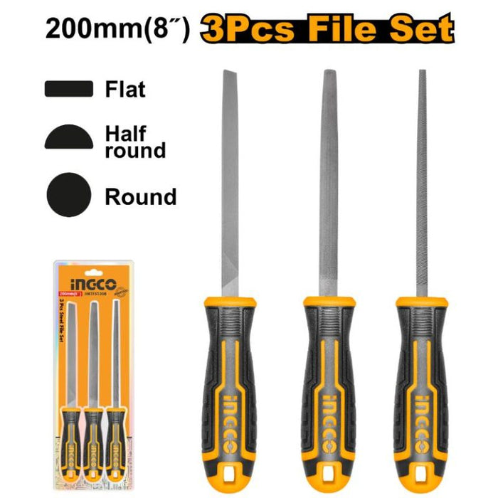 INGCO 200mm Steel File Set: 3pcs Flat, Half-Round, Round Hand Tools - Precision Filing for Metal & Woodworking, HKTFS1308