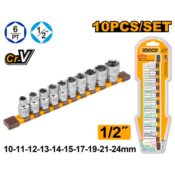 INGCO SOCKET SET 1/2'' 10-24MM 10PCS - HKTS12103