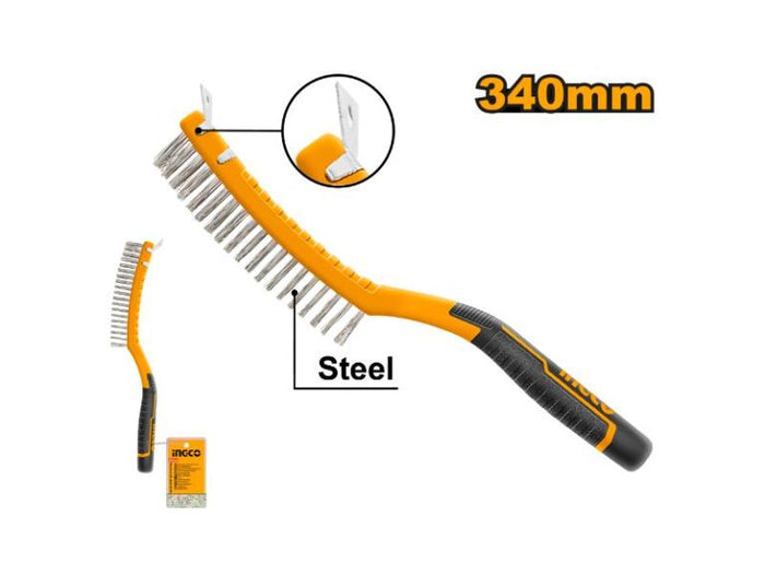 INGCO Wire Brush 340mm - Steel Bristles, Plastic Handle, 3 Row Cleaning Brush | Chavda.com