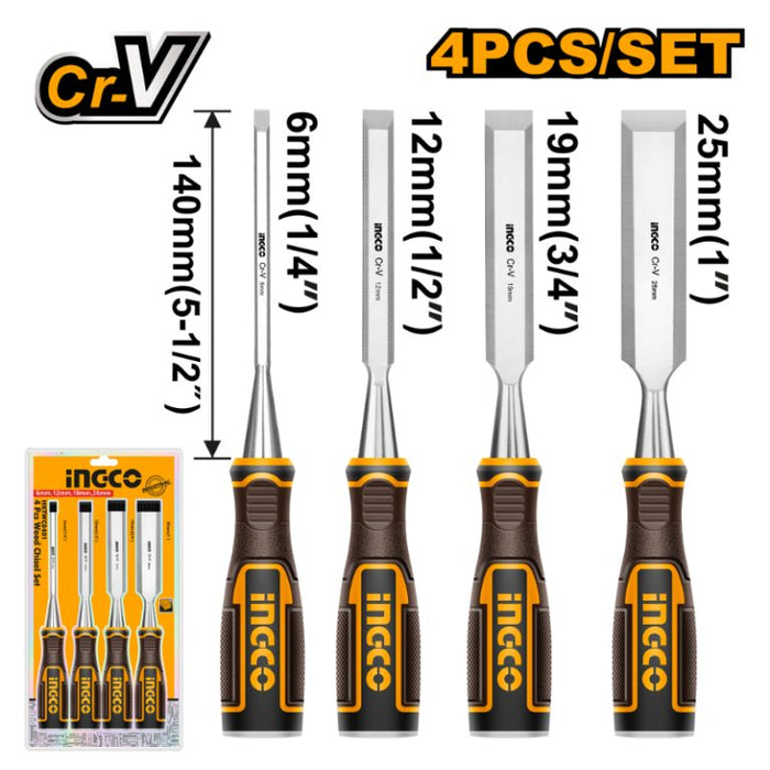 INGCO 4-Piece Wood Chisel Set - HKTWC0401 - Woodworking Tools, Chisels, Carpentry Kit, Durable, Professional Quality