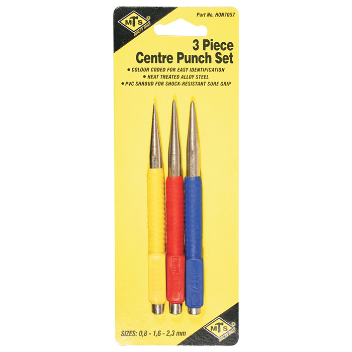 MTS Tools 3-Piece Center Punch Set: Color Coded, Alloy Steel, Shock Resistant. Sizes 0.8-2.3mm.