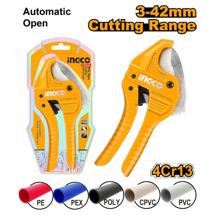 INGCO Pipe Cutter Auto 3-42mm HPCS05428: Cut PE PEX POLY CPVC PVC Pipes with Ease | Automatic Open Pipe Cutter