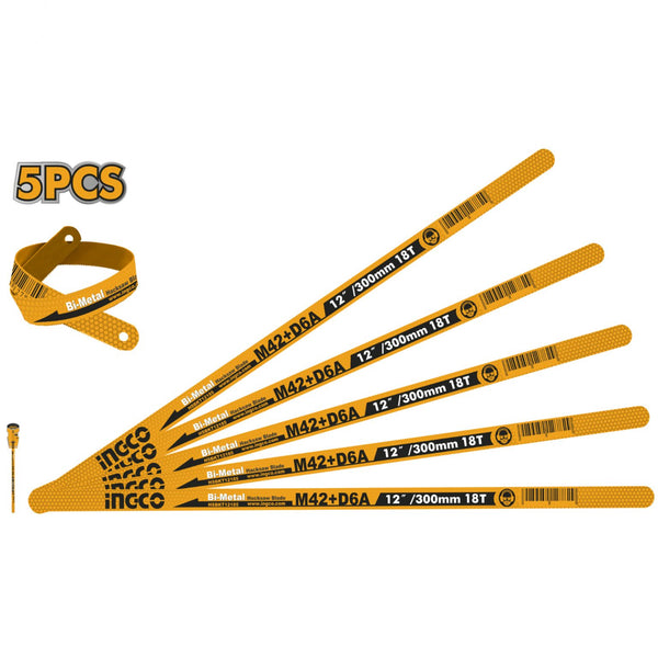INGCO Bi-Metal Hacksaw Blades, M42+D6A, 12\"/300mm 18T, 5PCS Set - Durable Metal Cutting