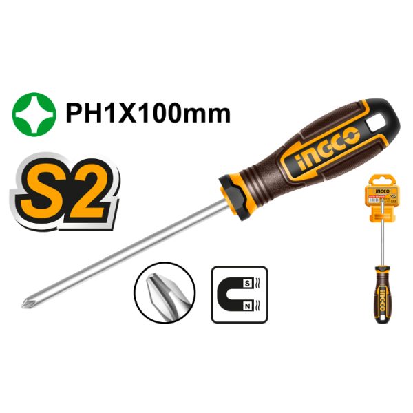 INGCO Screwdriver PH1 100mm Magnetic - HSDPH1100. Durable hand tool for screws, reliable and long-lasting.