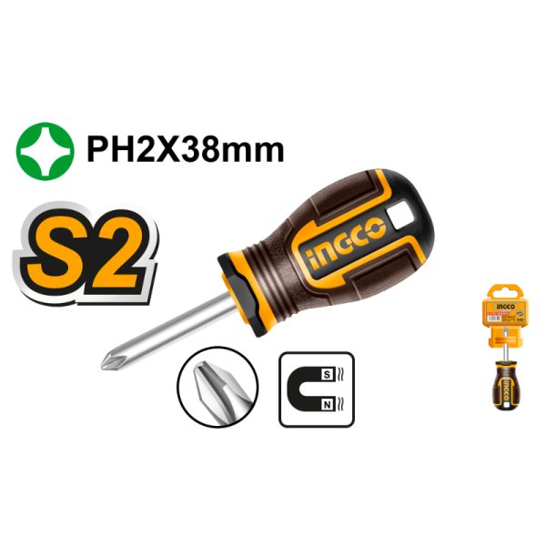 INGCO SCREWDRIVER STUBBY PH2 38MM MAGNETIC - HSDPH2038