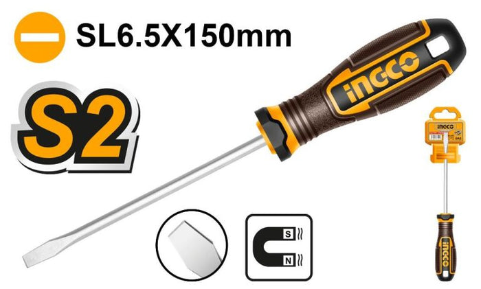 INGCO Slotted Screwdriver SL6.5x150mm Magnetic - Flathead Screwdriver for Professionals & DIY Enthusiasts