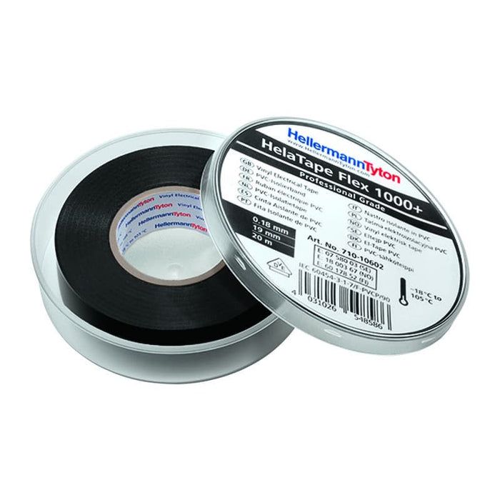 HellermannTyton HelaTape Flex 1000+ Black Electrical Tape 0.18x19mmx20m - Professional Grade PVC Insulation