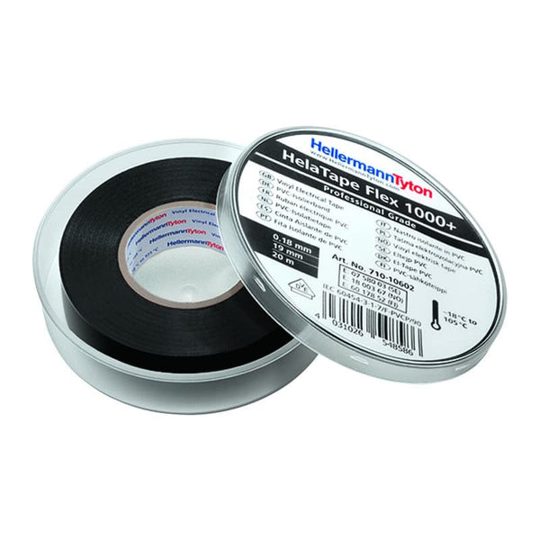 HellermannTyton HelaTape Flex 1000+ Black Electrical Tape 0.18x19mmx20m - Professional Grade PVC Insulation