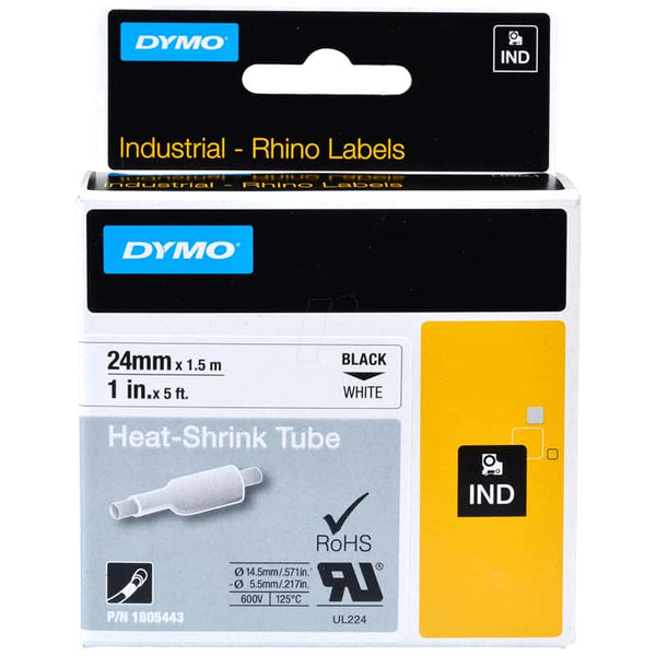 HellermannTyton : Dymo Heatshrink Label Tape 24mm x 1.5M  on White - (HTDYT24HSBKWT)