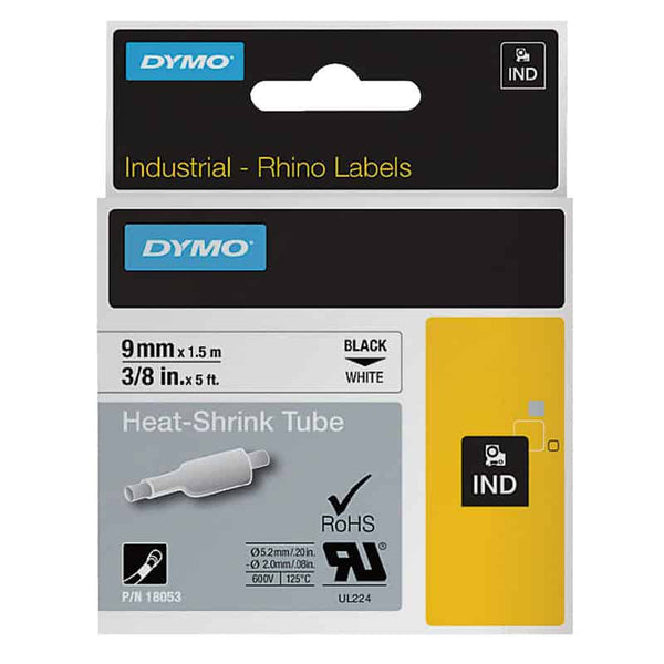 HellermannTyton : Dymo Heatshrink Label Tape 9mm x 1.5M  on White - (HTDYT9HSBKWT)