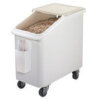 Cambro Slant Top Ingredient Bin White 102kg, food storage container with lid and casters for commercial kitchen storage.