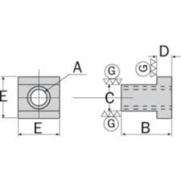 INDEXA FC08 M12 T-Slot Nut Technical Drawing, Dimensions A, B, C, D, E, G - Ground T-Slot Nut