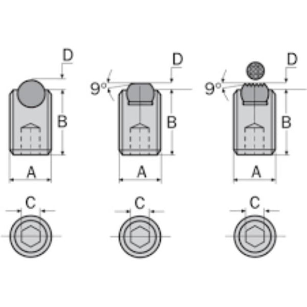 Ball Point Clamp Cap Screw Technical Drawing: Dimensions A, B, C, D, and 9 Degree Angle Displayed