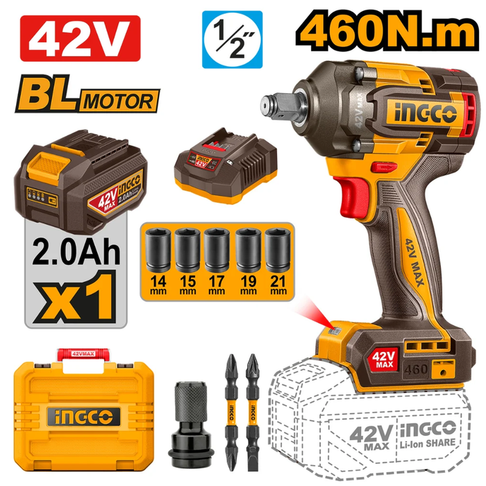 INGCO 42V IMPACT WRENCH 460NM B/LESS KIT product image