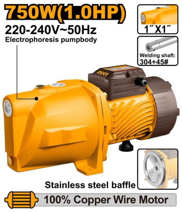 INGCO JET Water Pump 750W (1.0HP) - JP075068: Electric Water Pump for Home & Garden Use
