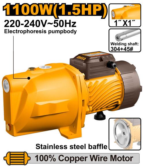 INGCO 1100W (1.5HP) Jet Water Pump: Electrophoresis pump body, stainless steel baffle, 100% copper wire motor - Buy now!