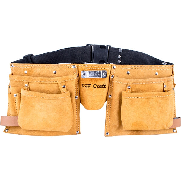 Tork Craft Professional Leather Tool Belt with 11 Pockets - Heavy Duty Construction Carpenter Belt