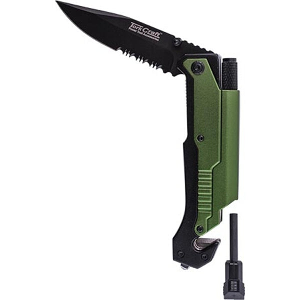 TorkCraft 5-in-1 Survival Knife: LED Light, Fire Starter, Tactical Knife, Green Handle, Emergency Tool
