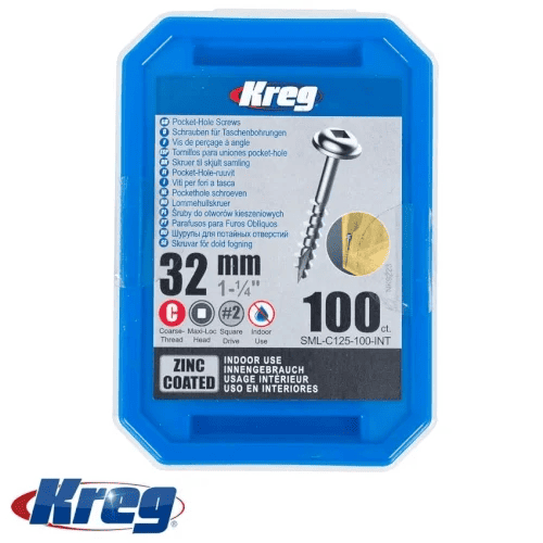 KREG Zinc Pocket Hole Screws 32Mm 1.25' #8 Coarse Thread Mx Loc 100Ct - KR SML-C125-100-INT