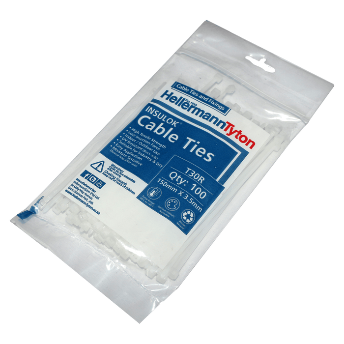 HellermannTyton Insulok Cable Ties: White, T30R, 100 Pack, 150mm x 3.5mm