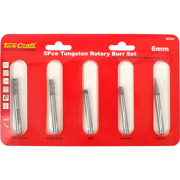TorkCraft 5-Piece Tungsten Carbide Rotary Burr Set: Cylindrical, Round, Ball, Rounded, Conical Shapes