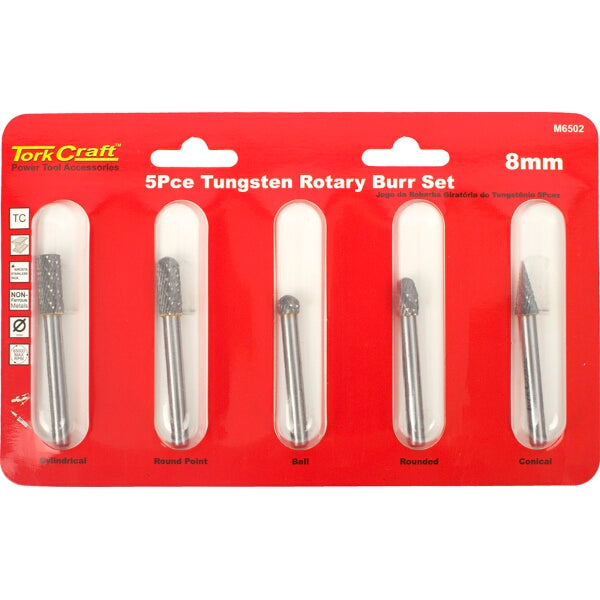 TorkCraft 5-Piece Tungsten Rotary Burr Set - 8mm, Metal Grinding, Deburring Tool