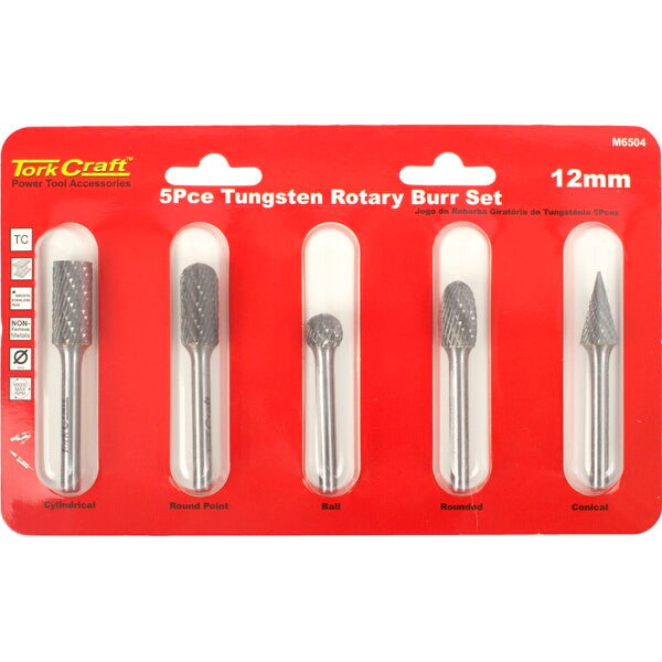 TorkCraft 5-Piece Tungsten Carbide Rotary Burr Set - Metal Grinding, Deburring, Shaping Tools
