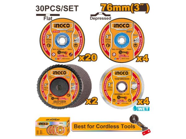 INGCO 76mm Metal & Grinding Disc Set - 30 Pieces, Abrasive Cutting Wheels