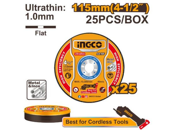 INGCO Ultra-thin 115mm Cutting Disc - Metal & Inox, Cordless Tools - 25 Pcs. High Efficiency