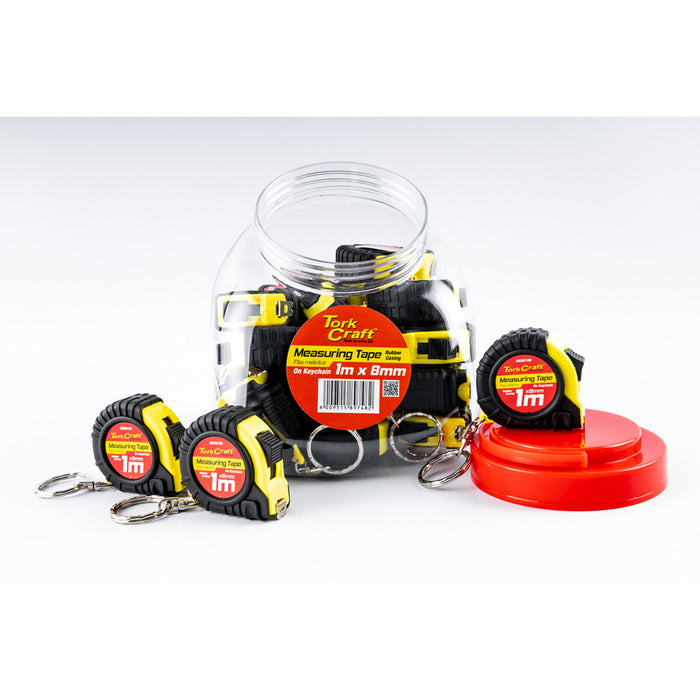 Tork Craft Measuring Tape: 1m x 8mm on Keychain, 24pc Display Jar. Metric Tape Measure Tool.
