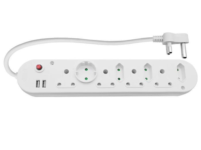 Multi Plug 4x16A 4x5A 2xUSB 0.5m Cord White