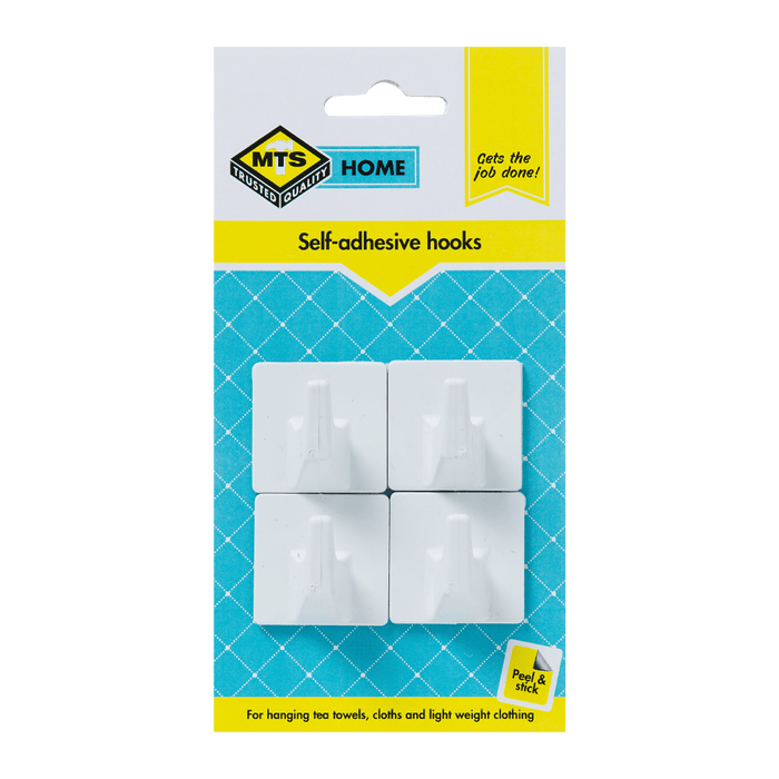 MTS Home Self-Adhesive Hooks - White Square Hooks, Pack of 4 - Perfect for Tea Towels & Cloths