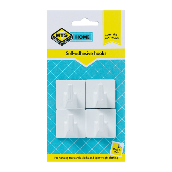 MTS Home Self-Adhesive Hooks - White Square Hooks, Pack of 4 - Perfect for Tea Towels & Cloths