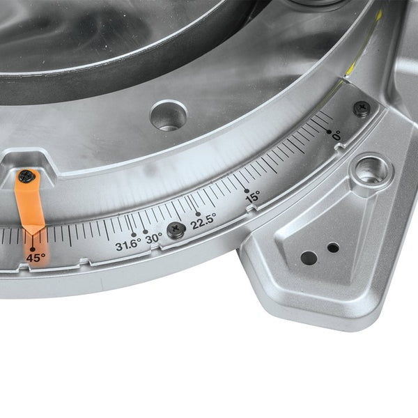 Makita LS1219L Miter Saw Angle Adjustment Close-up. Precision angle settings shown.