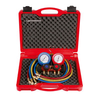 ECO MANIFOLD KIT for R22, R134a, R404A, R410A. Aluminium Body, 68mm Gauges with protector, 1500mm Hoses, 1/4