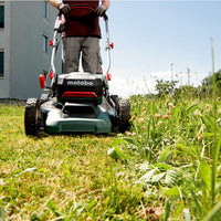 Metabo RM 36-18 LTX BL 46 Cordless Lawn Mower: Brushless, 46cm Cutting Width, Battery Powered. Garden Tool on White Background.