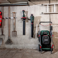 Metabo RM 36-18 LTX BL 46 Cordless Lawn Mower: Brushless, 46cm Cutting Width, Battery Powered. Garden Tool on White Background.