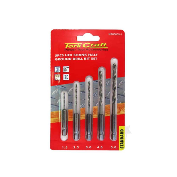 DRILL BIT SET 5PCS HSS HALF GROUND HEX SHANK 1.5/2.5/3/4/5MM POLISHED