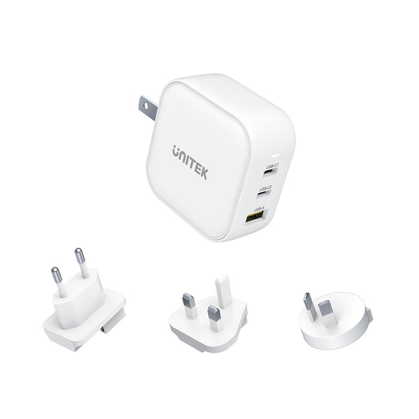 UNITEK P1108AWH 66W 3-PORT USB GAN TRAVEL CHARGER (US, EU, UK, AU) WITH PD AND QC3.0 - USB-3P-CHARGE-P1108A