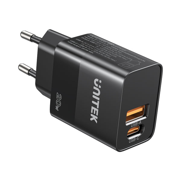 UNITEK 20W 2PORT WALL CHARGER BLK(P1124ABK01-EU) - USB-2P-CHARGER-EU-BK