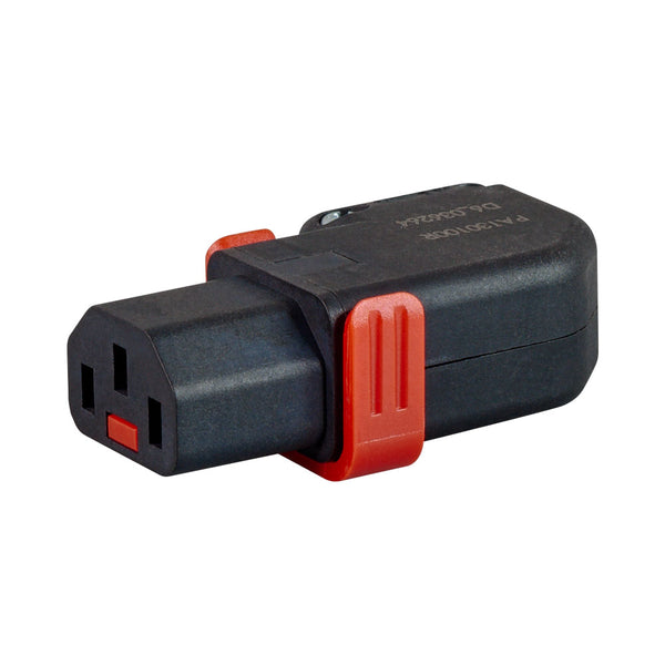 IECLOCK FEMALE KETTLE LOCKABLE CONNECTOR - RIGHT-ANGLED AND REWIREABLE - PWR-C13-IEC-LK-RIGHT