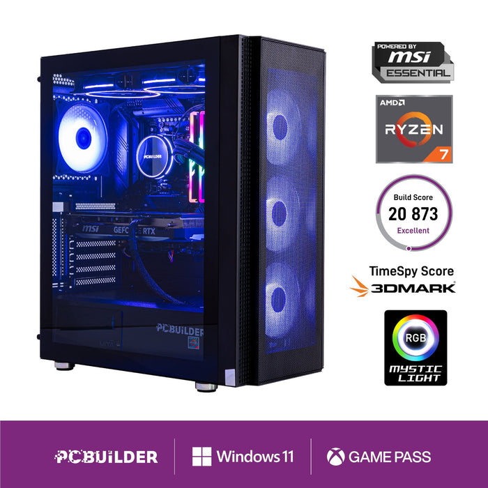 PCBUILDER Ryzen 7 Gaming PC with RTX GPU. High Performance Windows 11 Gamer Rig.