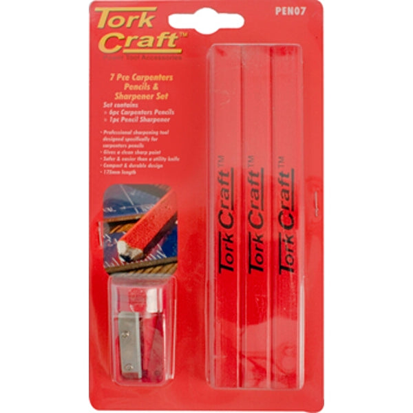 Tork Craft 7-Piece Carpenter Pencil Set with Sharpener | Woodworking, Construction Pencils